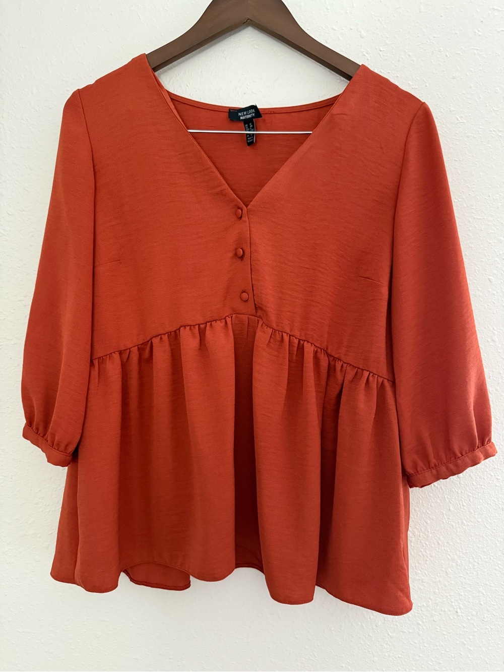 New Look Maternity Rust Babydoll Blouse 3/4 Sleeve Tie Neck Size 8
